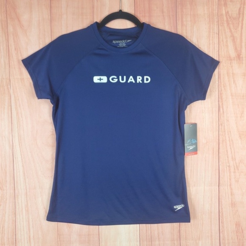 Speedo Guard Mens Swim Shirt Medium‎ Blue 100% polyester Short Sleeve Pullover